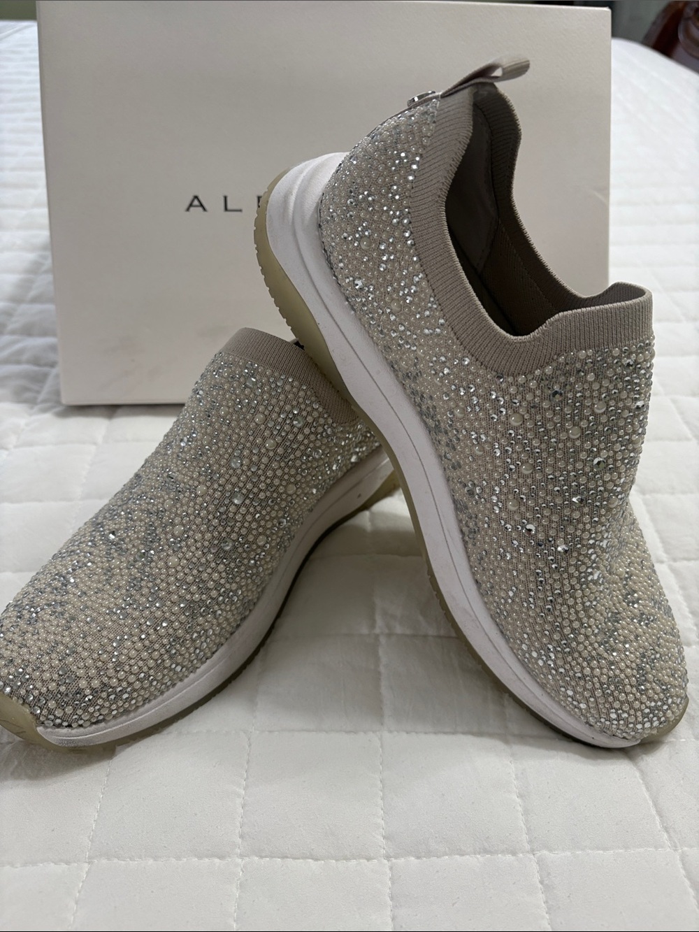 Alex Marie Crystal-Embellished Slip-On Sneakers in Beige